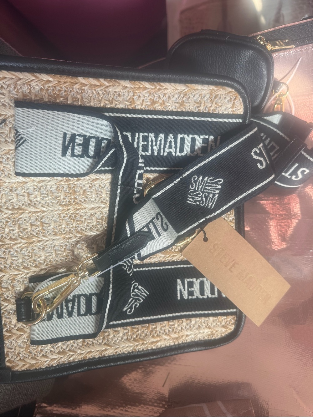Steve Madden Natural Straw Crossbody with Black Trim and Logo Strap
